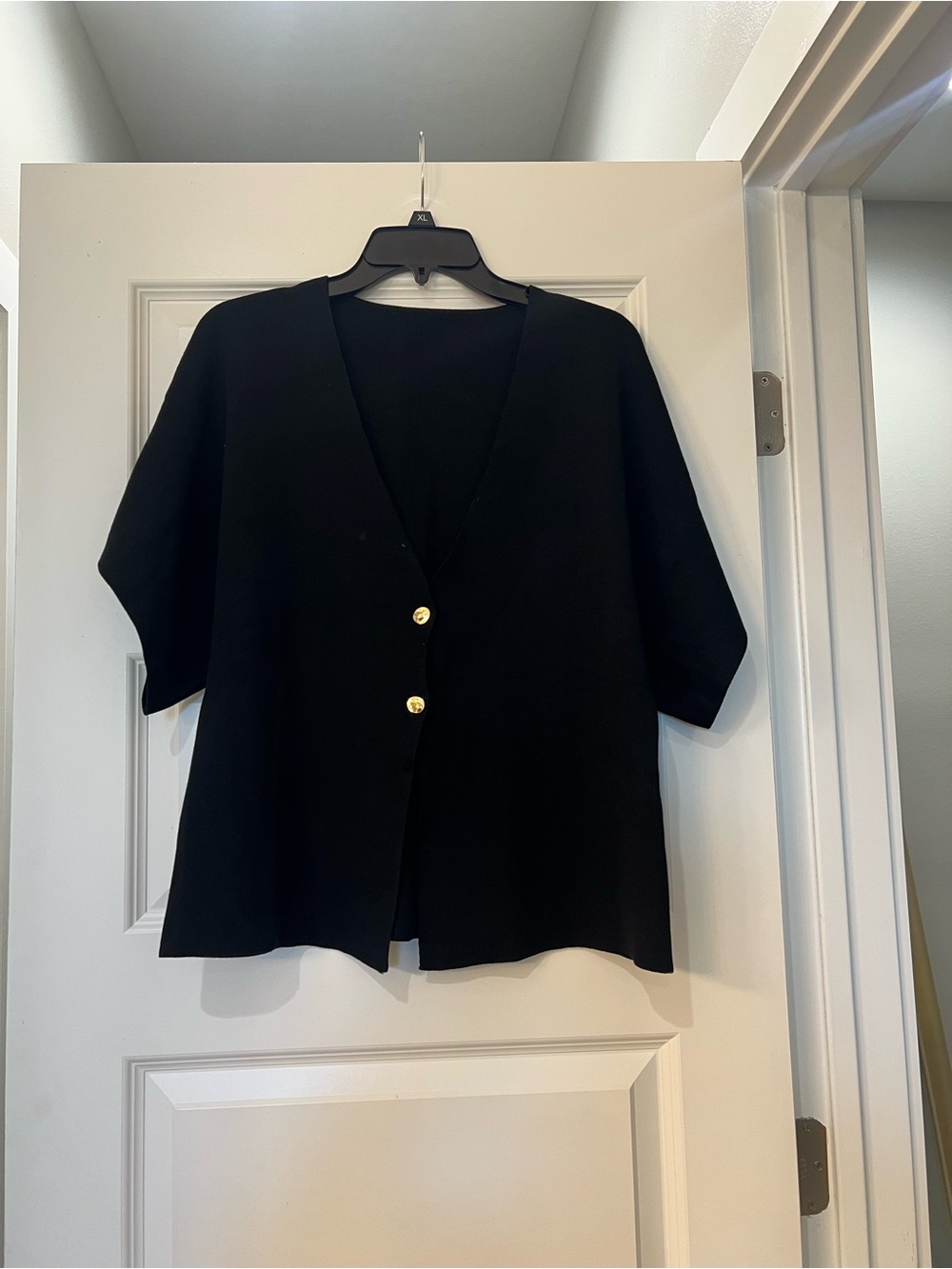 Women’s Black V-Neck Short Sleeve Cardigan with Gold-Tone Buttons